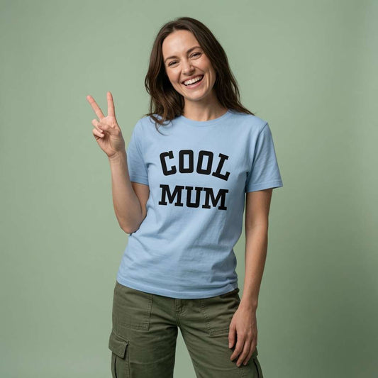 Woman in sky blue Cool Mum t-shirt, fun mum gift tee