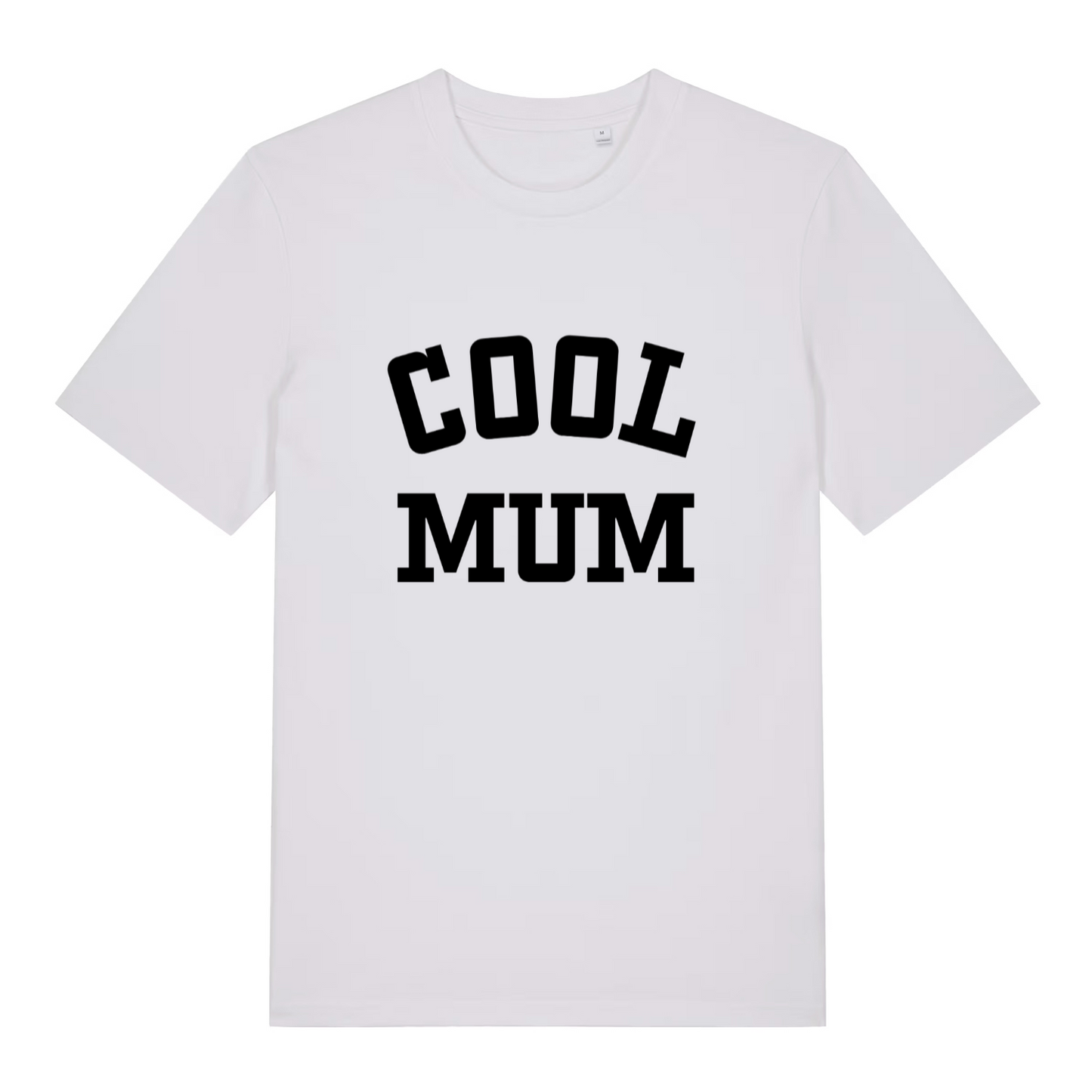 White women's Cool Mum T-shirt flat lay displaying clear black varsity "Cool Mum" text
