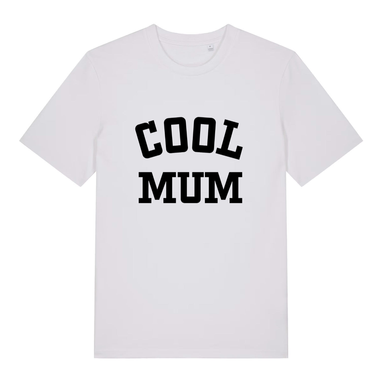 White women's Cool Mum T-shirt flat lay displaying clear black varsity "Cool Mum" text