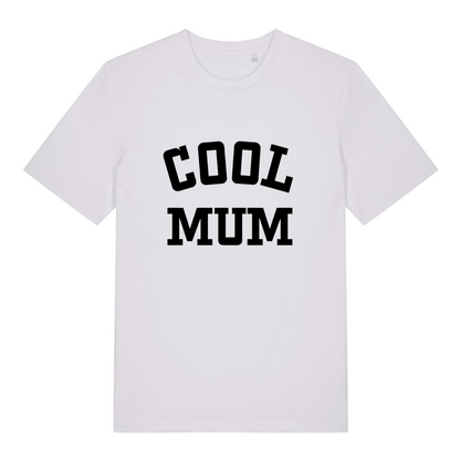 White women's Cool Mum T-shirt flat lay displaying clear black varsity "Cool Mum" text