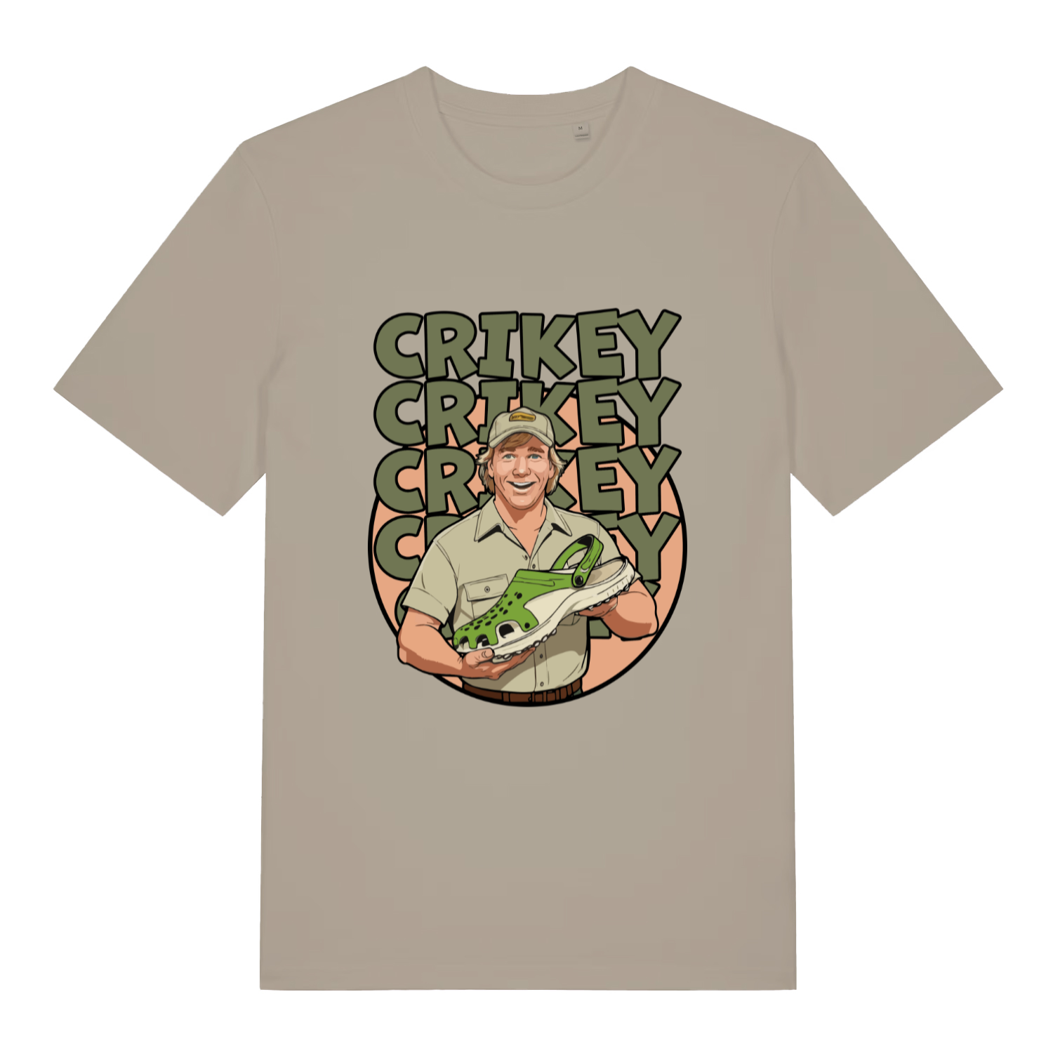 Beige Crikey Crocs T-shirt flat lay with funny Steve Irwin style holding green Croc graphic