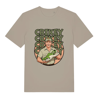 Beige Crikey Crocs T-shirt flat lay with funny Steve Irwin style holding green Croc graphic