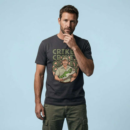 Man in black Crikey Crocs tee, funny mens humorous pun graphic gift