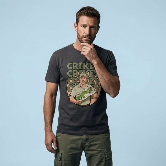 Man in black Crikey Crocs tee, funny mens humorous pun graphic gift