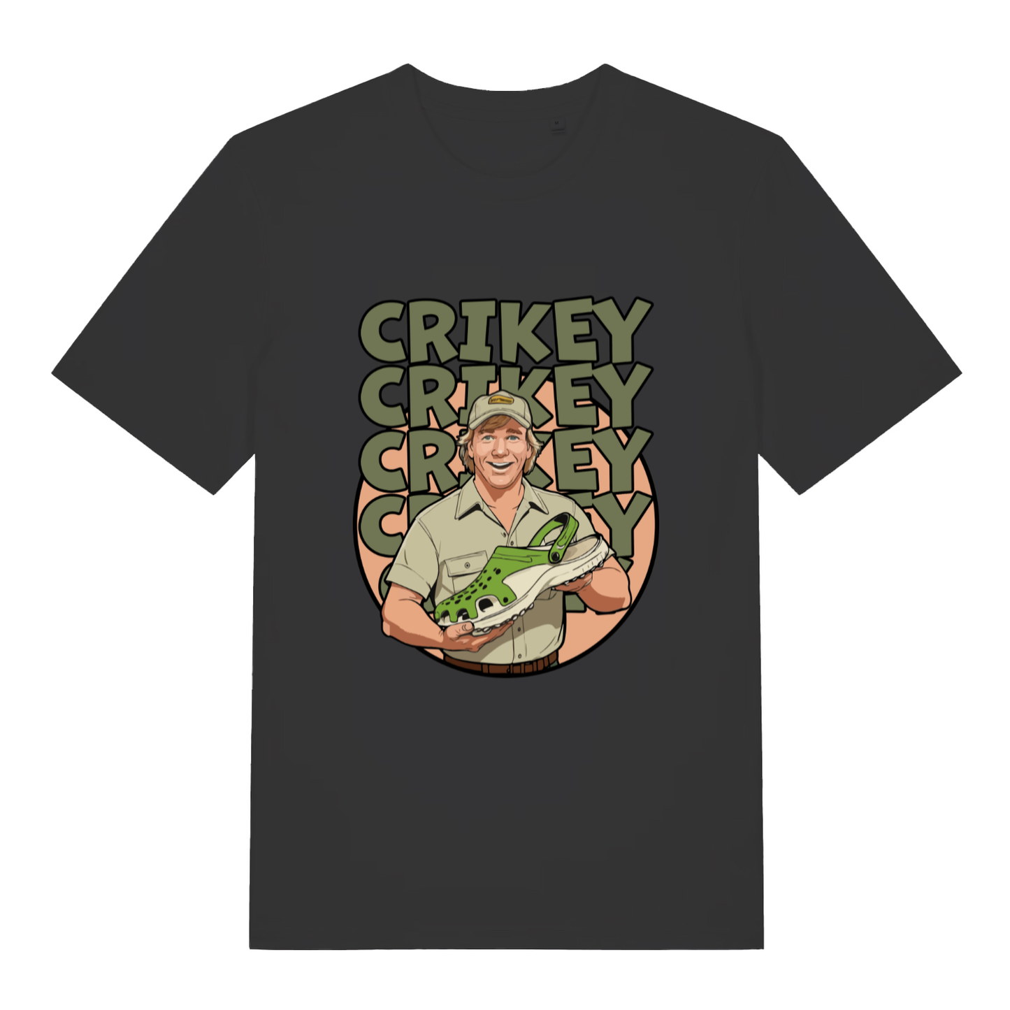 Black Crikey Crocs T-shirt flat lay featuring bold "Crikey Crikey Crikey" pun design