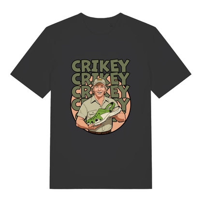 Black Crikey Crocs T-shirt flat lay featuring bold "Crikey Crikey Crikey" pun design