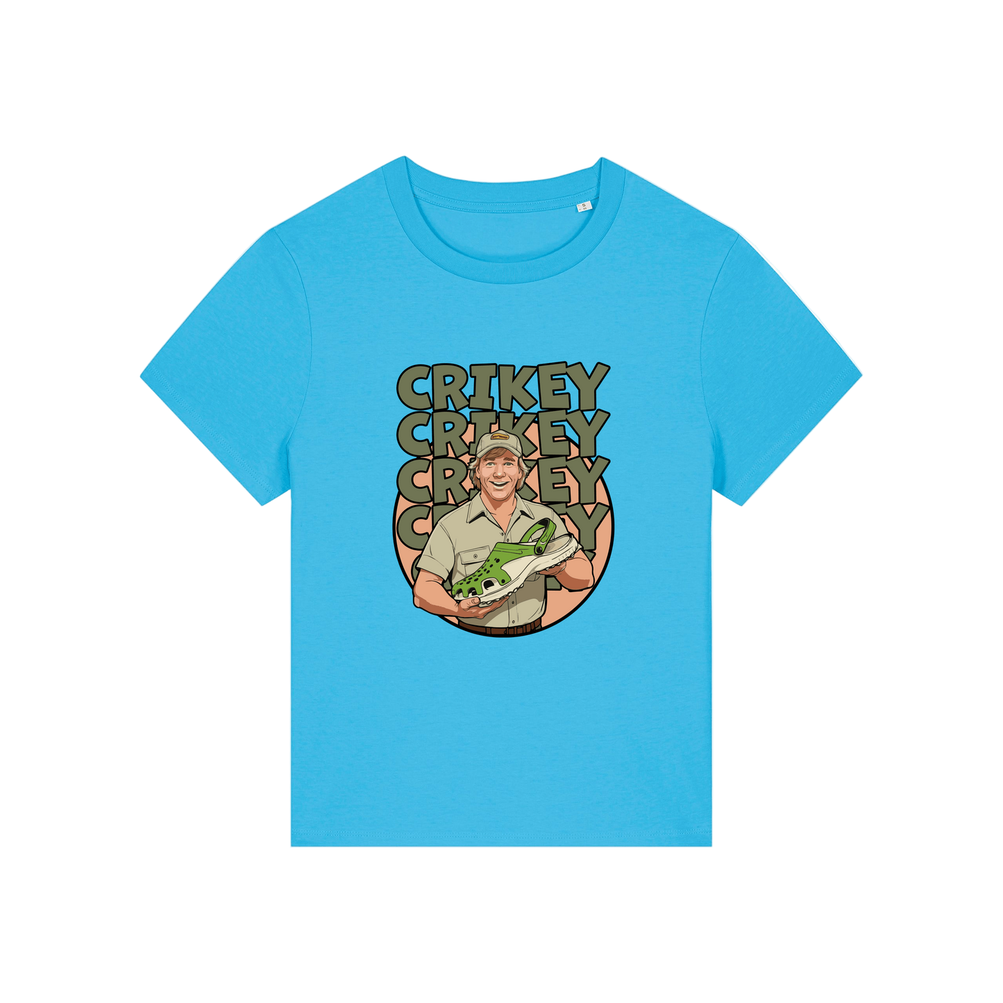 blue funny graphic t-shirt with the graphic of steve irwin holding a croc and the slogan 'crikey crocs'