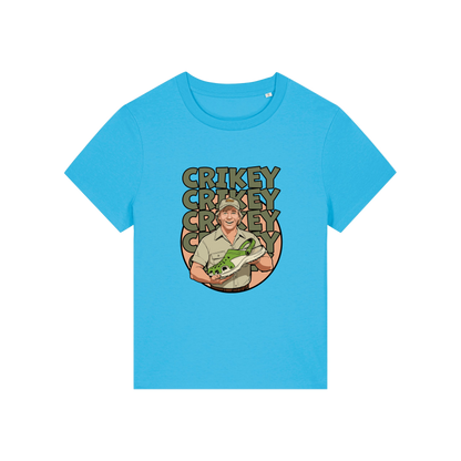 blue funny graphic t-shirt with the graphic of steve irwin holding a croc and the slogan 'crikey crocs'