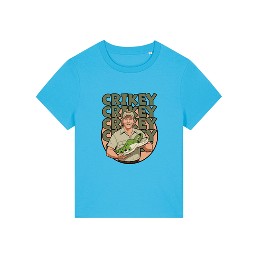 blue funny graphic t-shirt with the graphic of steve irwin holding a croc and the slogan 'crikey crocs'