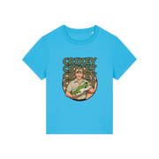 blue funny graphic t-shirt with the graphic of steve irwin holding a croc and the slogan 'crikey crocs'