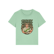 green funny graphic t-shirt with the graphic of steve irwin holding a croc and the slogan 'crikey crocs'