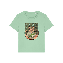 green funny graphic t-shirt with the graphic of steve irwin holding a croc and the slogan 'crikey crocs'