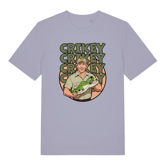 lavender women's graphic t-shirt with a steve irwin design and the slogan 'crikey'
