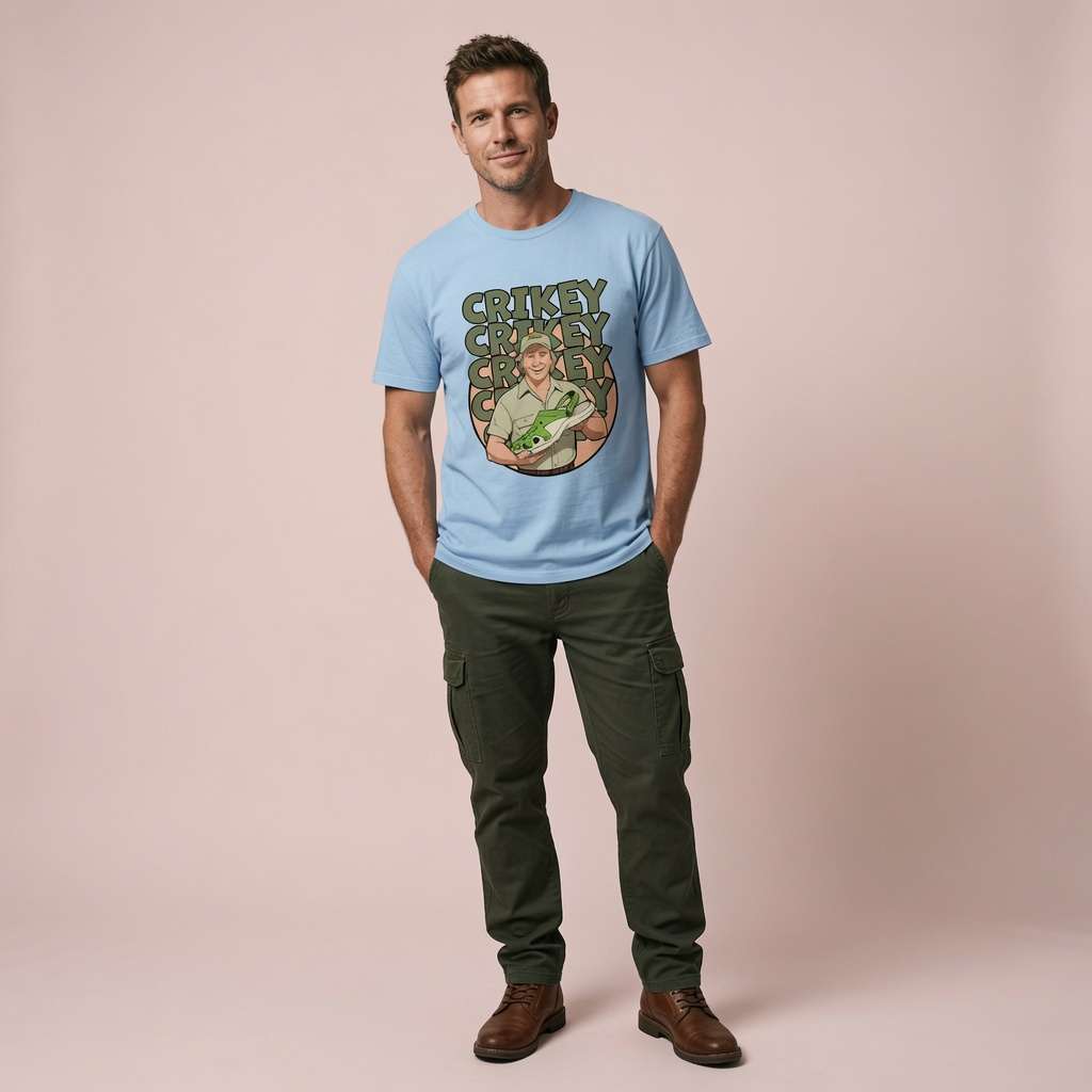 Man in light blue Crikey Crocs t-shirt, fun witty pun mens graphic tee
