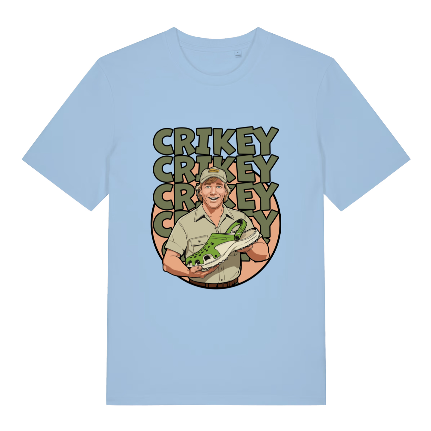 Light blue Crikey Crocs T-shirt flat lay showing cheeky wildlife presenter Croc shoe illustration