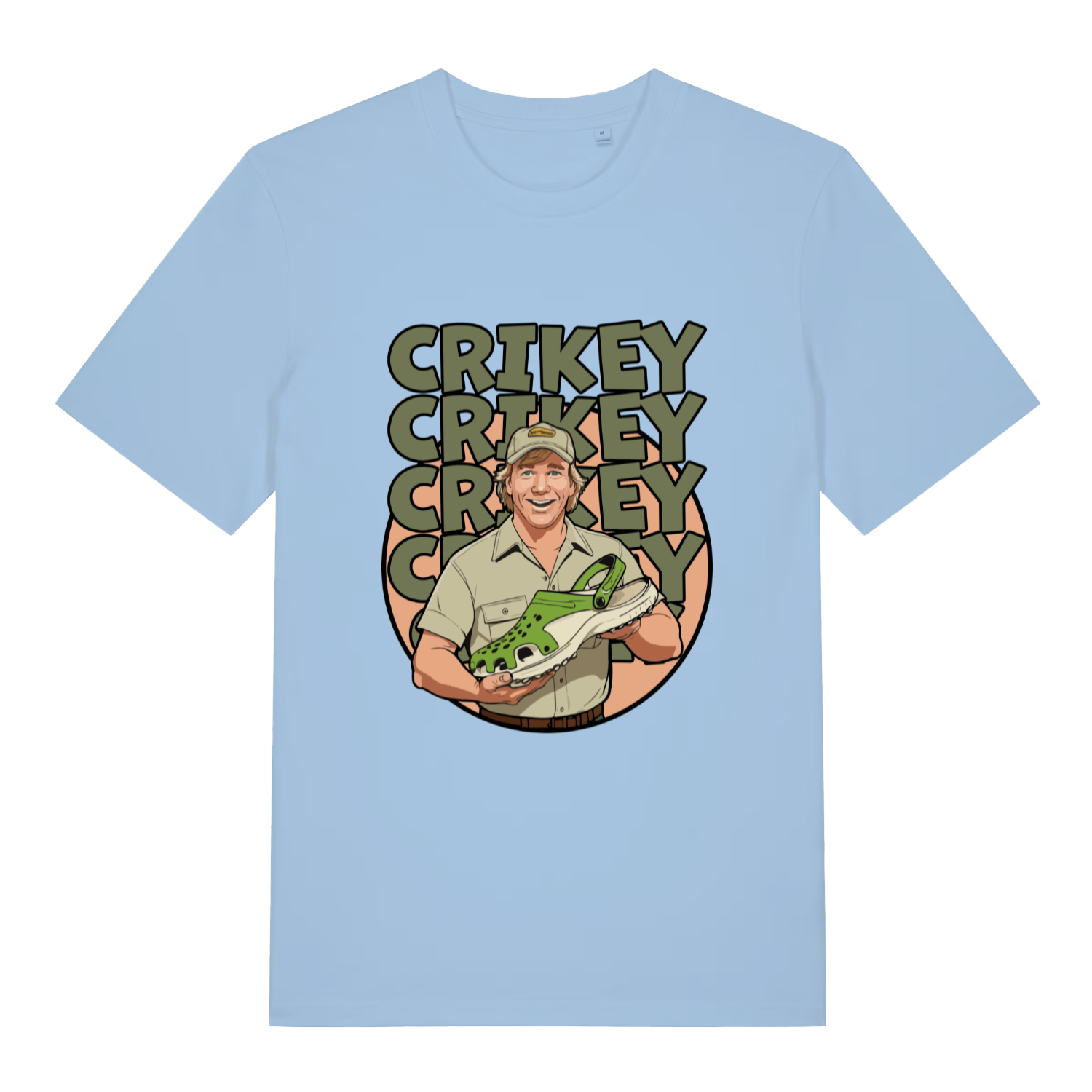 Light blue Crikey Crocs T-shirt flat lay showing cheeky wildlife presenter Croc shoe illustration