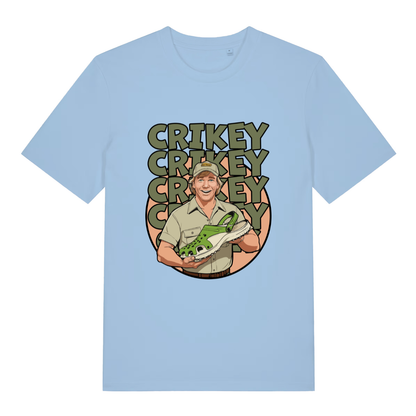 Light blue Crikey Crocs T-shirt flat lay showing cheeky wildlife presenter Croc shoe illustration