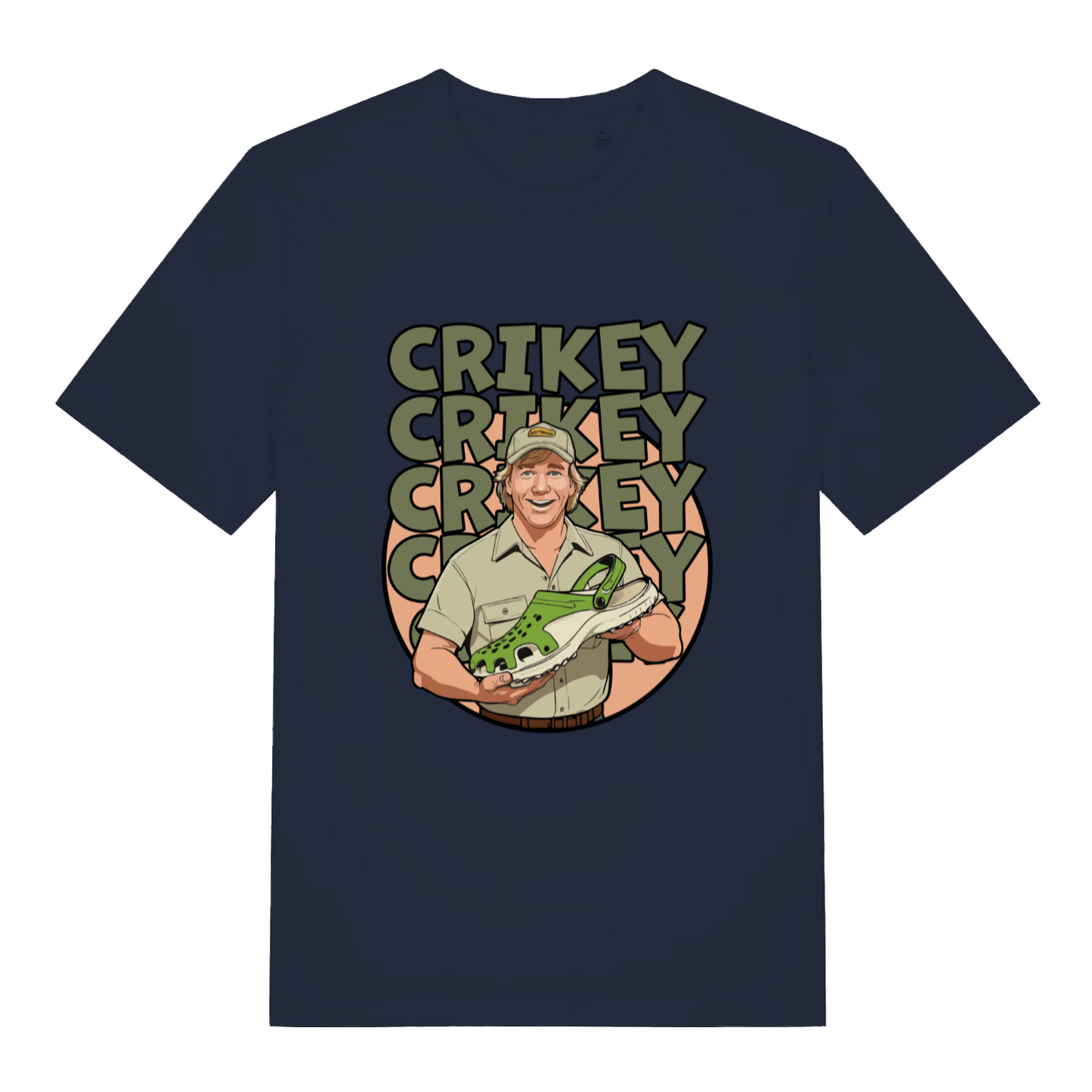 Navy Crikey Crocs T-shirt flat lay with vibrant Steve Irwin parody holding Croc