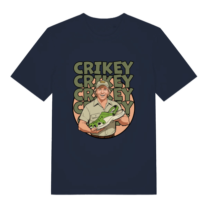 Navy Crikey Crocs T-shirt flat lay with vibrant Steve Irwin parody holding Croc