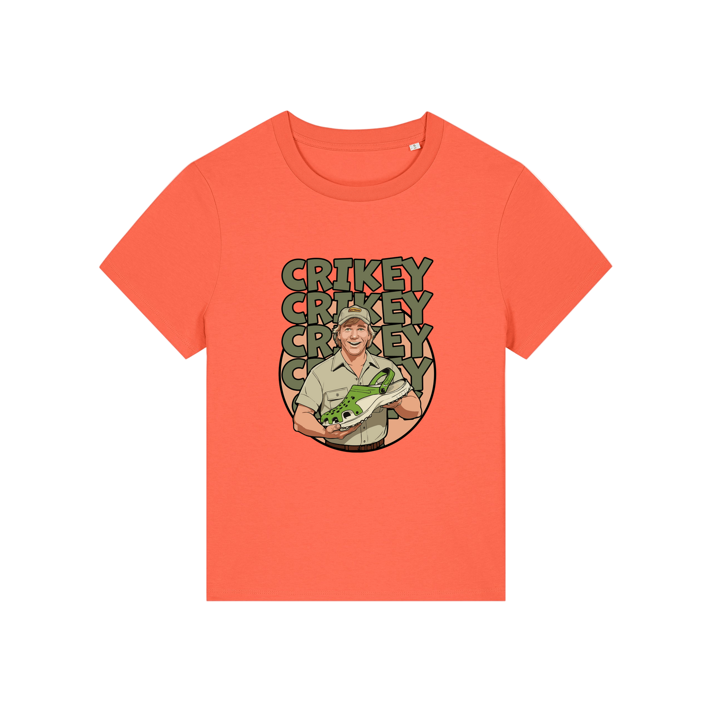 orange funny graphic t-shirt with the graphic of steve irwin holding a croc and the slogan 'crikey crocs'