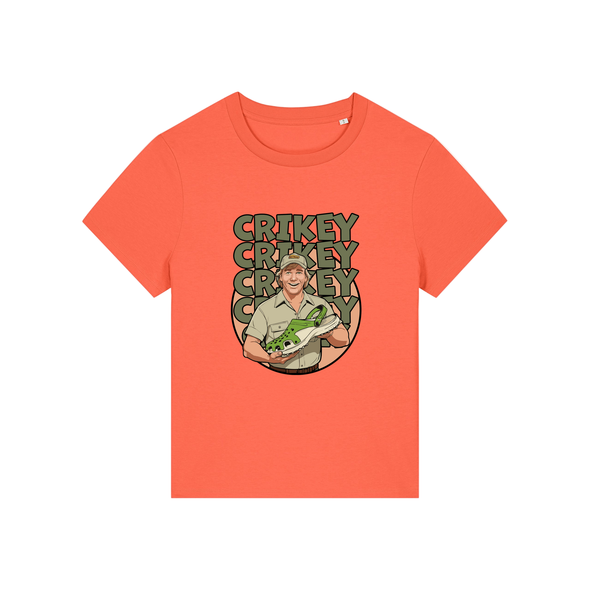 orange funny graphic t-shirt with the graphic of steve irwin holding a croc and the slogan 'crikey crocs'