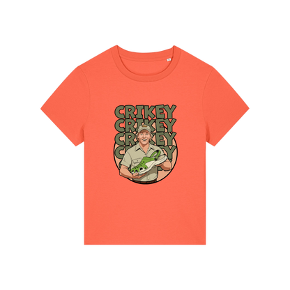 orange funny graphic t-shirt with the graphic of steve irwin holding a croc and the slogan 'crikey crocs'