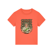 orange funny graphic t-shirt with the graphic of steve irwin holding a croc and the slogan 'crikey crocs'