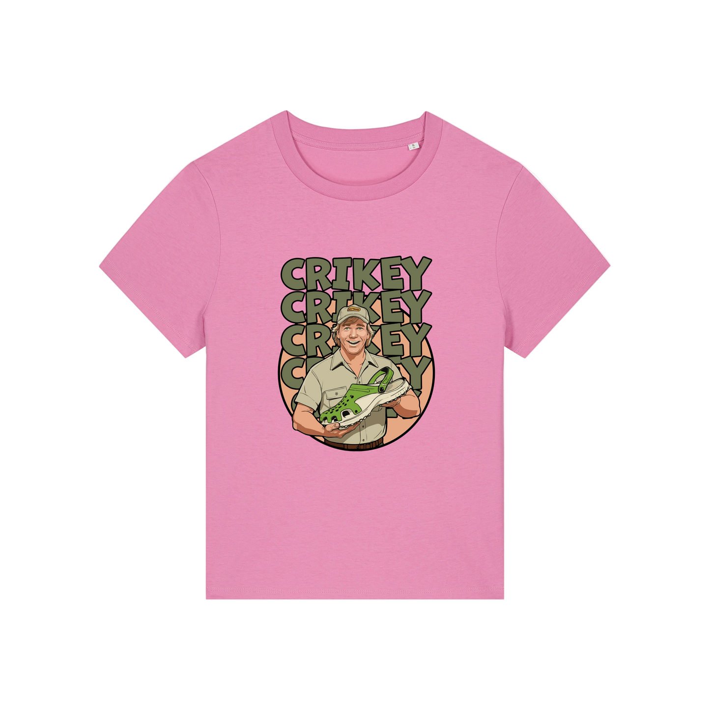 pink funny graphic t-shirt with the graphic of steve irwin holding a croc and the slogan 'crikey crocs'