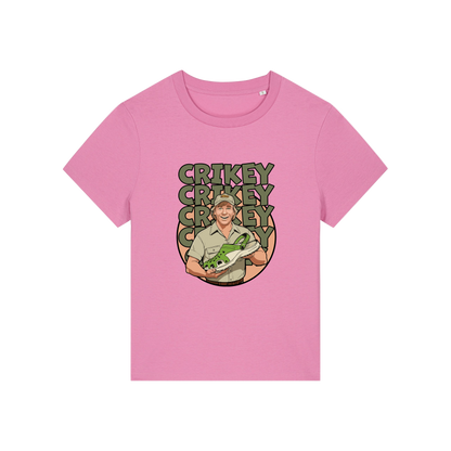 pink funny graphic t-shirt with the graphic of steve irwin holding a croc and the slogan 'crikey crocs'