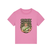 pink funny graphic t-shirt with the graphic of steve irwin holding a croc and the slogan 'crikey crocs'