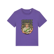 purple funny graphic t-shirt with the graphic of steve irwin holding a croc and the slogan 'crikey crocs'