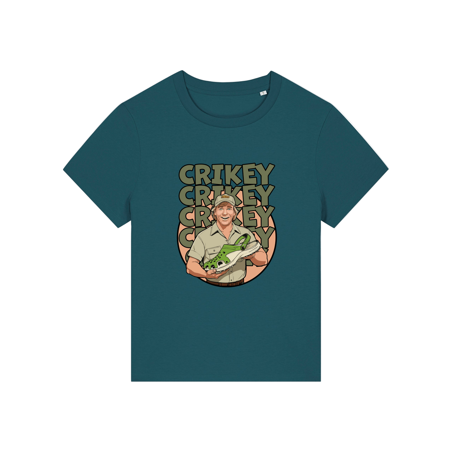 teal funny graphic t-shirt with the graphic of steve irwin holding a croc and the slogan 'crikey crocs'
