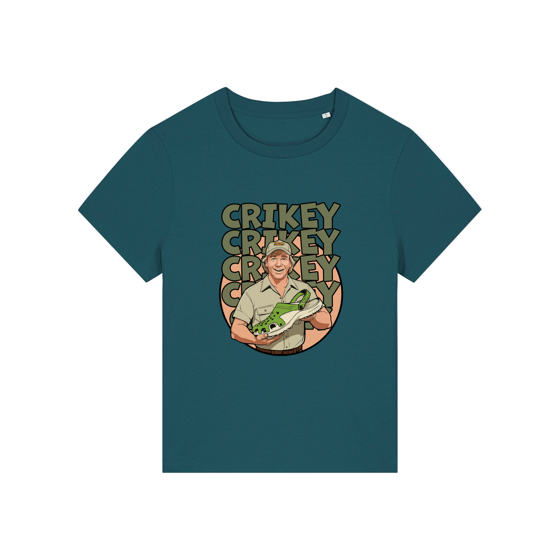 teal funny graphic t-shirt with the graphic of steve irwin holding a croc and the slogan 'crikey crocs'