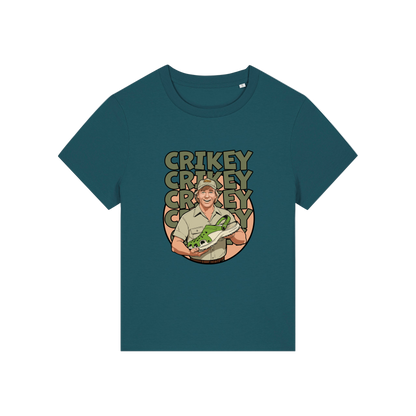 teal funny graphic t-shirt with the graphic of steve irwin holding a croc and the slogan 'crikey crocs'