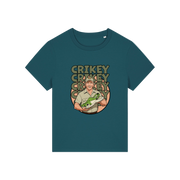 teal funny graphic t-shirt with the graphic of steve irwin holding a croc and the slogan 'crikey crocs'