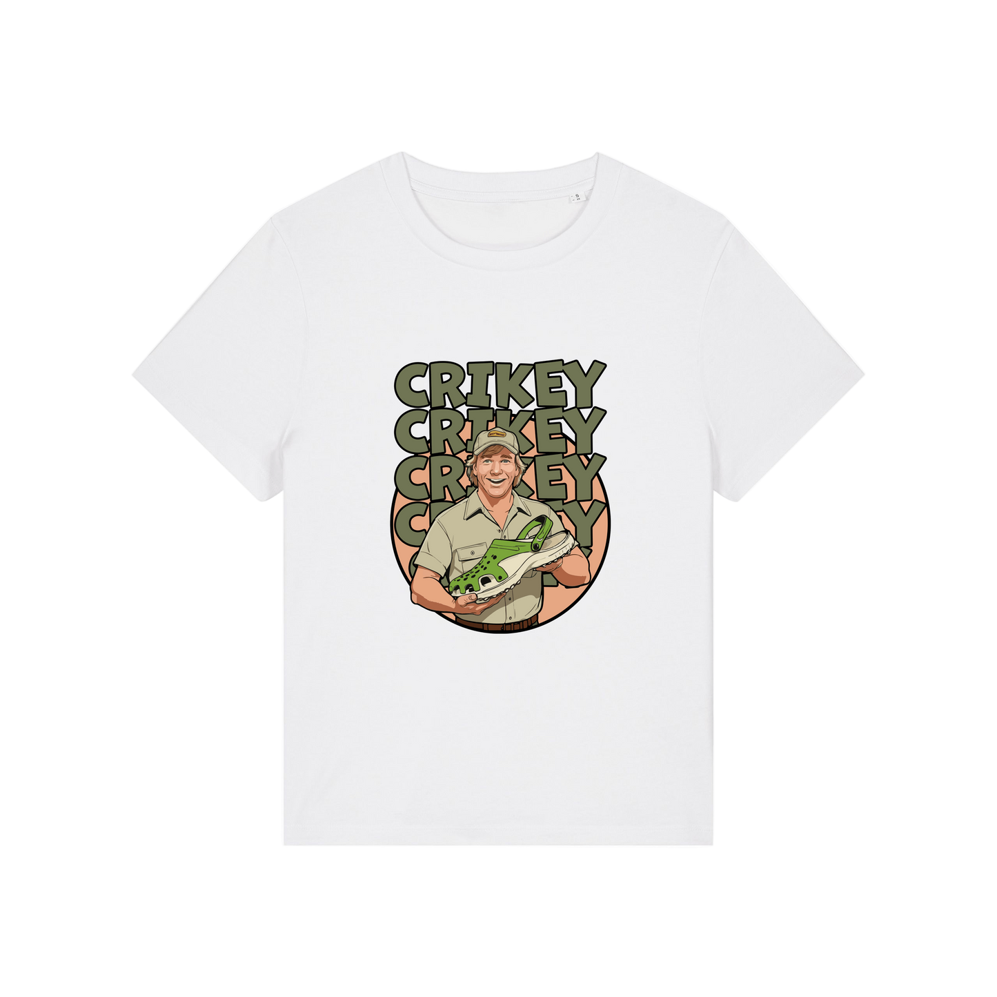white funny graphic t-shirt with the graphic of steve irwin holding a croc and the slogan 'crikey crocs'