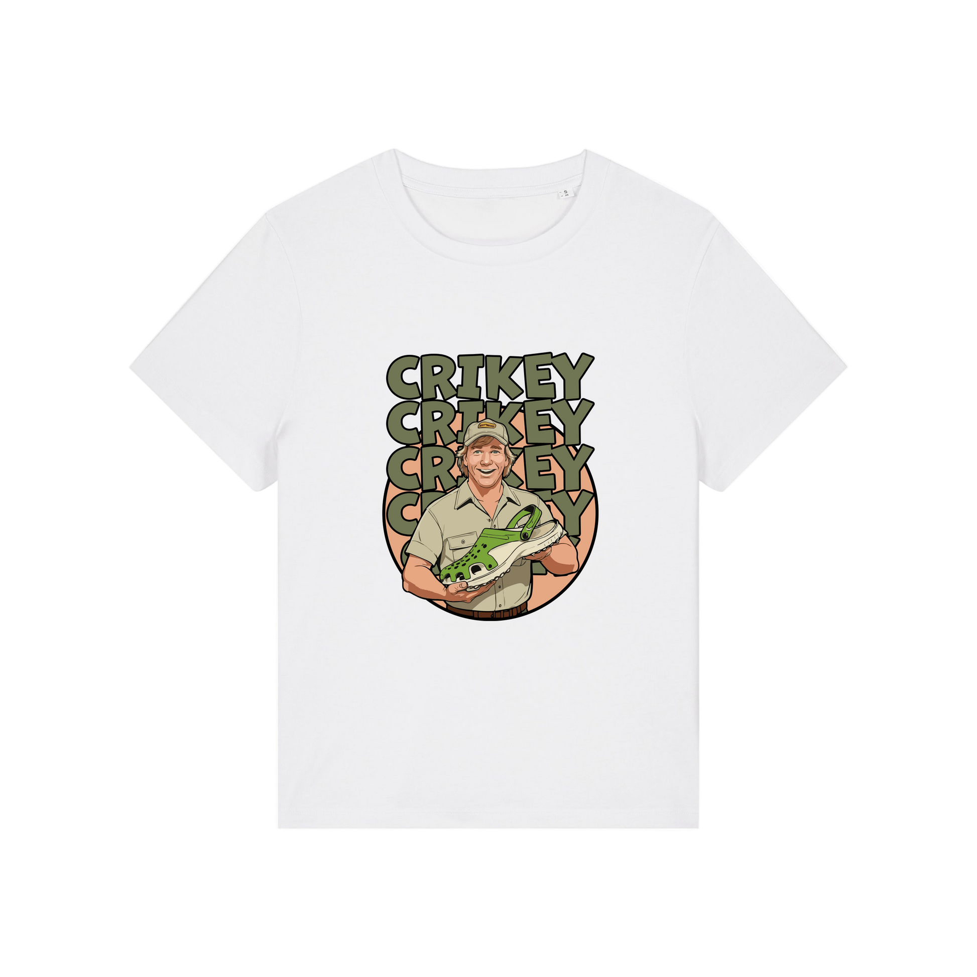 white funny graphic t-shirt with the graphic of steve irwin holding a croc and the slogan 'crikey crocs'