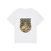 white funny graphic t-shirt with the graphic of steve irwin holding a croc and the slogan 'crikey crocs'