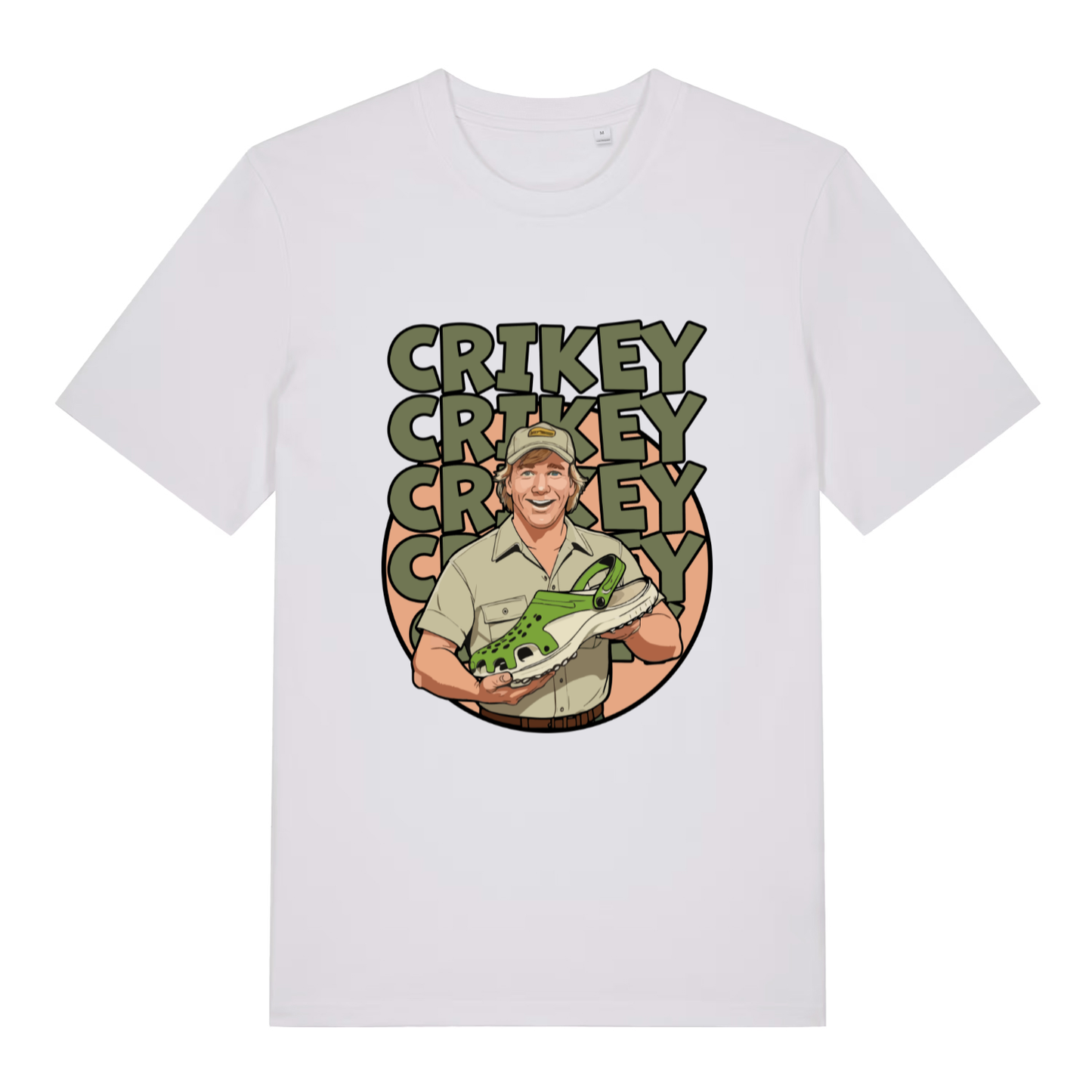 White Crikey Crocs T-shirt flat lay with clean Steve Irwin style Croc pun illustration