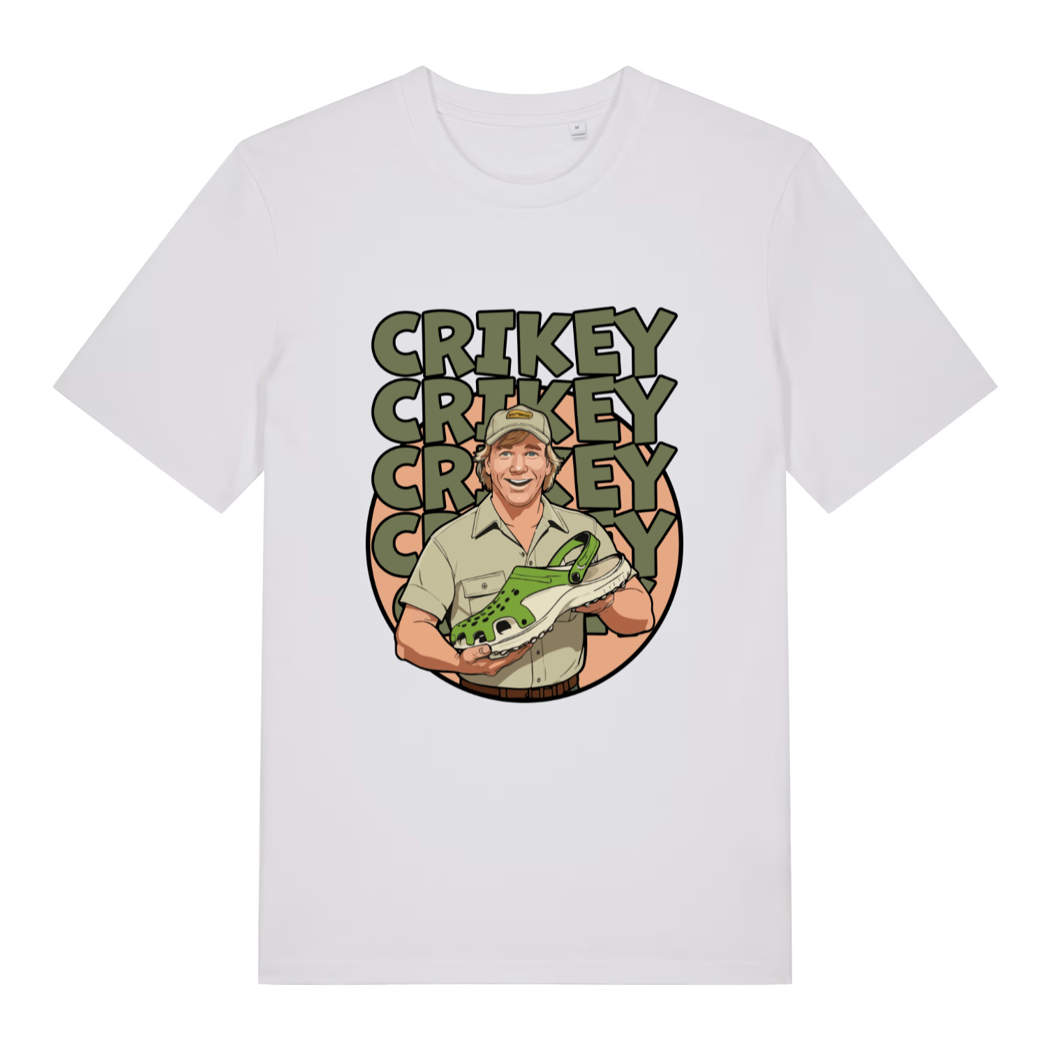 White Crikey Crocs T-shirt flat lay with clean Steve Irwin style Croc pun illustration