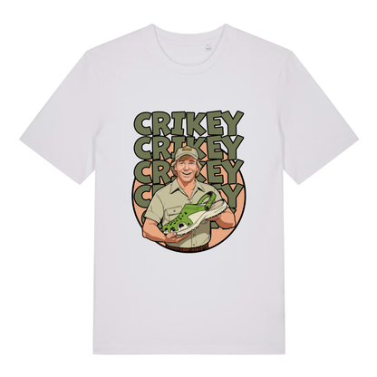 White Crikey Crocs T-shirt flat lay with clean Steve Irwin style Croc pun illustration