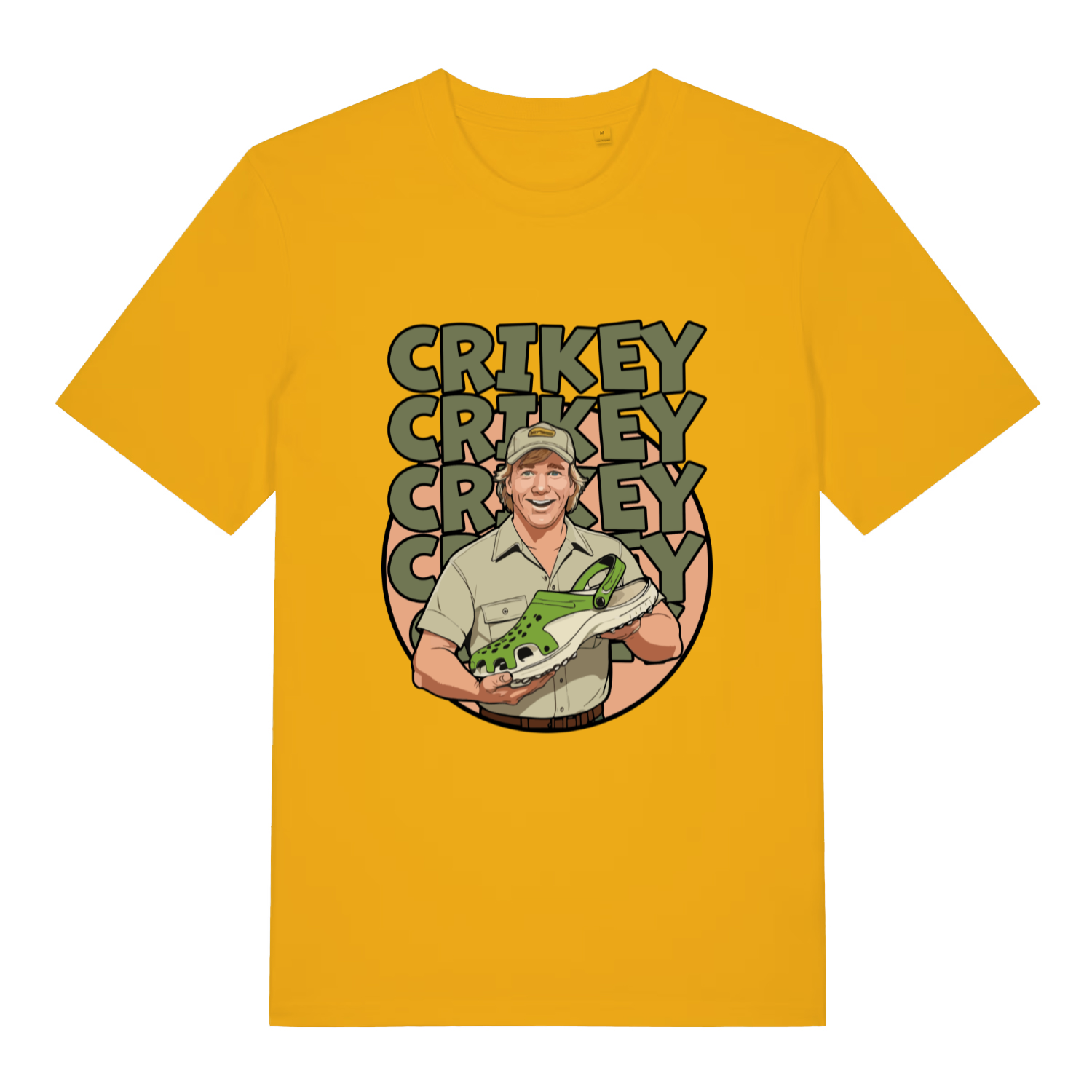 Yellow Crikey Crocs T-shirt flat lay displaying humorous "Crikey" Crocs meme graphic