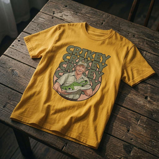 Yellow Crikey Crocs t-shirt on wood, funny humorous crocodile hunter pun tee