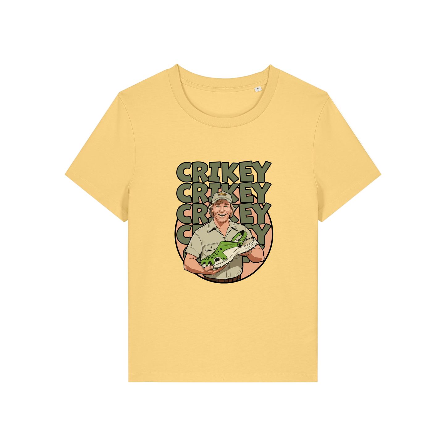 yellow funny graphic t-shirt with the graphic of steve irwin holding a croc and the slogan 'crikey crocs'