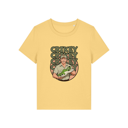 yellow funny graphic t-shirt with the graphic of steve irwin holding a croc and the slogan 'crikey crocs'