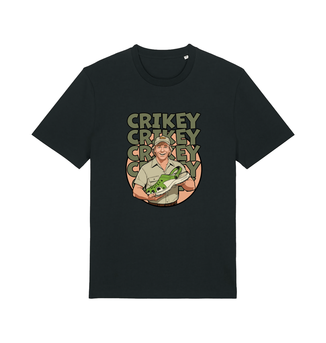 black graphic t-shirt inspired by steve irwin, with a person holding a croc and the text crikey