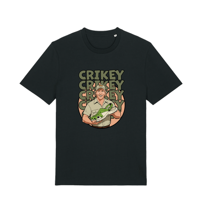 black graphic t-shirt inspired by steve irwin, with a person holding a croc and the text crikey