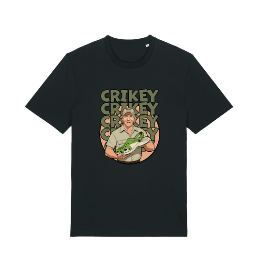 black graphic t-shirt inspired by steve irwin, with a person holding a croc and the text crikey