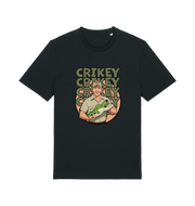 black graphic t-shirt inspired by steve irwin, with a person holding a croc and the text crikey