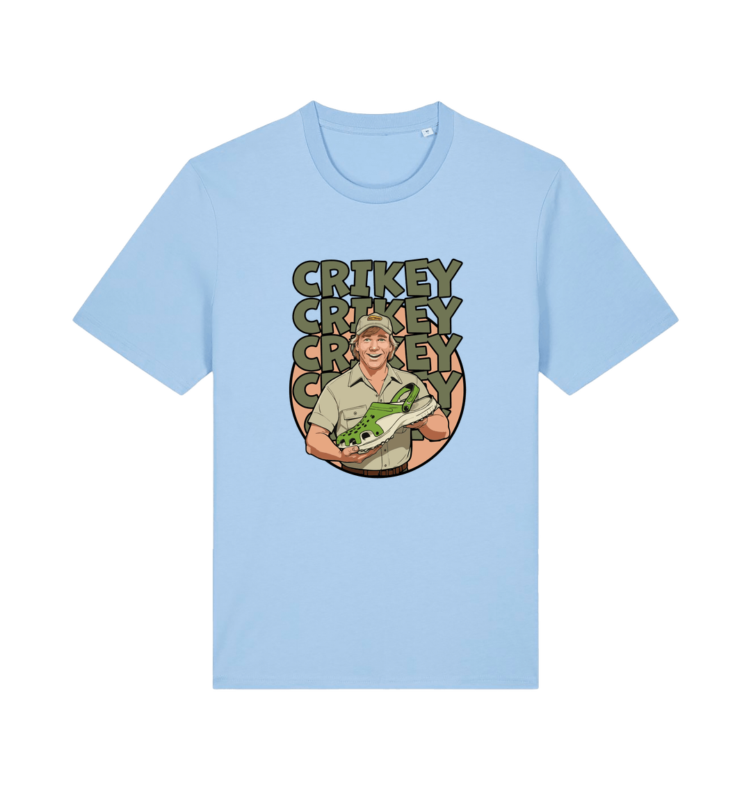 light blue graphic t-shirt inspired by steve irwin, with a person holding a croc and the text crikey